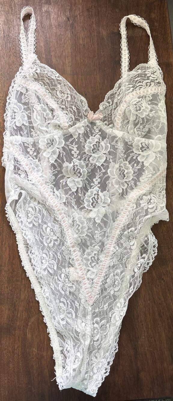 Vintage E. Bole White Lace High Cut Teddy Sheer Lace Pink Bow Ribbon Lingerie M